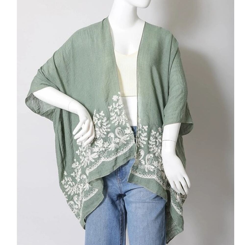 Lightweight Floral Embroidered Tassels Boho Festival Kimono Wrap Sage